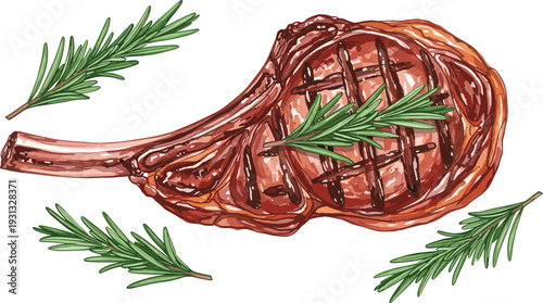 Grilled Tomahawk Ribeye Steak Vector Illustration with Fresh Rosemary Herbs for Restaurant Menus, BBQ Branding, Culinary Arts, and Gourmet Food Packaging