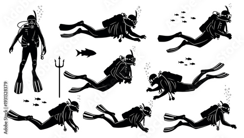 Collection of Scuba Divers in Various Underwater Poses.