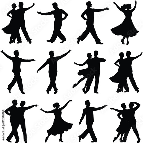 Elegant ballroom dance silhouettes of couples performing diverse poses, romantic partner dancing vector illustration, graceful movement art collection