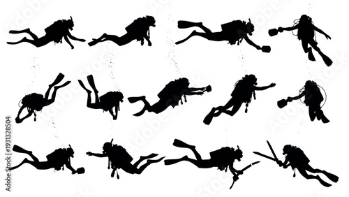 Collection of Scuba Divers Silhouettes in Various Underwater Poses.