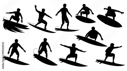 Collection of Silhouetted Surfers Riding Waves in Dynamic Poses.