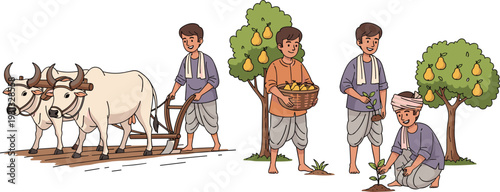 Indian Rural Farmer Character Set with Bullock Plowing Field Harvesting Fruits and Planting Tree Saplings Village Agriculture Vector Illustration