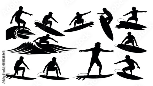 Collection of Silhouettes of Surfers Riding Waves and Boards.