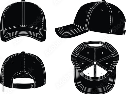 Baseball cap silhouette set in multiple views, front side back and top snapback hat mockup isolated on white background vector illustration