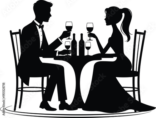Formal couple silhouette dining with wine glasses, romantic dinner table scene, tuxedo and dress, black and white vector artwork