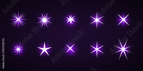 Colorful Star Light Effect Collection with Blue, Golden, and Yellow Glowing Starlight Sparkle Rays and Lens Flare Illumination on Transparent Background