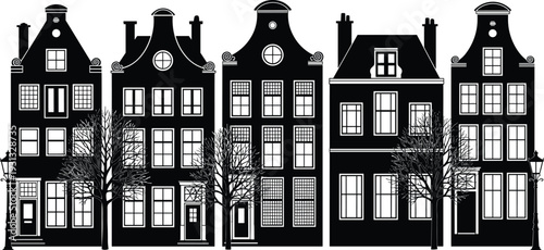 Black and white European townhouses silhouette set, classic Amsterdam canal houses with detailed windows, trees and street lamps isolated on white background