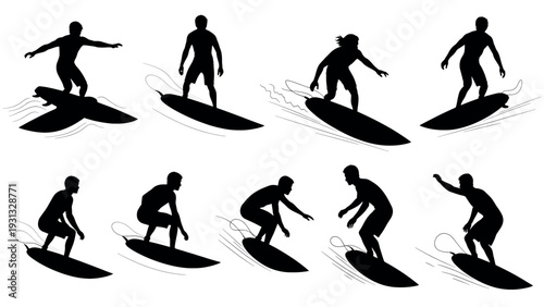Collection of Surfer Silhouettes in Action on Waves.