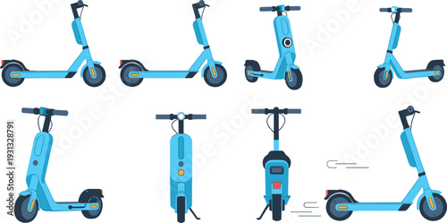 Modern Blue Electric Scooter Vector Set Featuring Multiple Angles and Views for Urban Micro Mobility Transportation Apps Eco Friendly Commuting and City Travel Designs