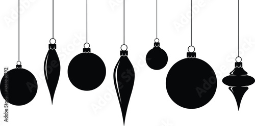 Black Christmas baubles silhouette set hanging on strings, classic holiday ornaments decoration isolated on white background vector illustration collection