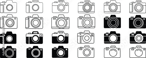 Camera icon set collection, DSLR and digital photography symbols in outline and silhouette style for media, studio and photo app design
