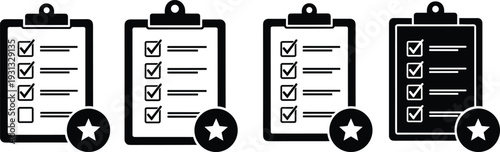 Clipboard checklist icon set with check marks and star badge, task management and survey form symbols for business app interface design