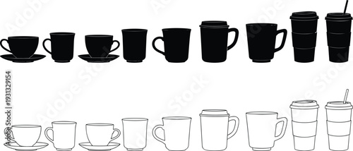 Coffee cup and mug icon set, hot beverage silhouettes and outline takeaway cups collection for cafe menu, barista branding and drink design