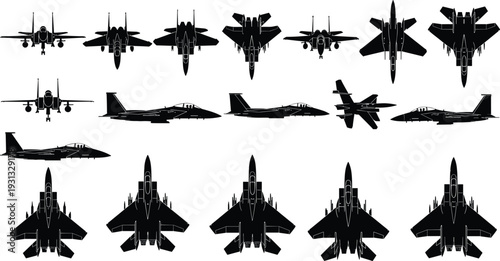 Fighter jet silhouette collection set, military aircraft vector illustration in top, side and front view isolated background