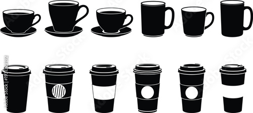 Coffee cup and takeaway mug icon set, espresso, latte and disposable paper cup silhouettes for cafe menu, beverage branding and shop design