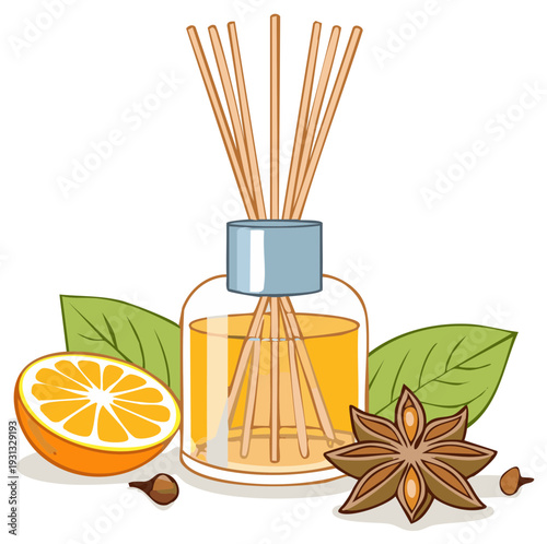 Aroma Diffuser with orange, anise star, cloves and leaves illustration
