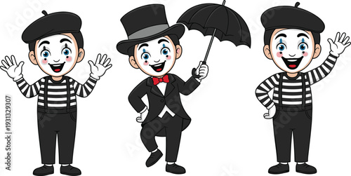 Professional Mime Artist Character Set Wearing Classic Striped Shirt and Beret with One Mime in Formal Suit and Umbrella for Theater and Performance Graphics