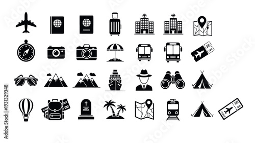 Collection of travel and tourism icons in black and white.