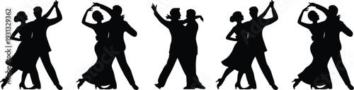 Professional ballroom dancing couple silhouettes set with elegant partners performing tango, salsa, and waltz for event invitation design elements