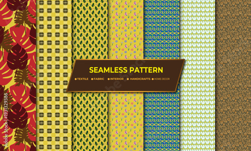 Colorful seamless patterns featuring tropical leaves florals and geometric designs