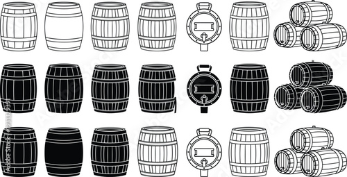 Collection of barrel vector icons featuring upright barrels, stacked barrels, tap barrels, and outlined or filled designs for storage, brewing, winery, and graphic design projects