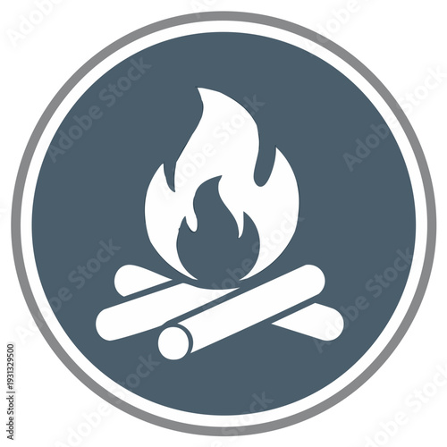 Campfire Bonfire Icon White Flames and Logs on Dark Blue Round Button for Camping and Outdoor Themes
