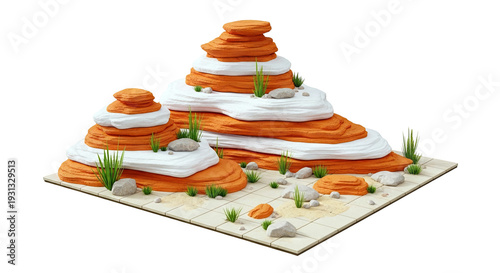 Abstract Desert Landscape with Stacked Rocks and Grass