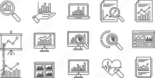 Data analysis and business report icon set, analytics dashboard, statistics charts and financial research vector line symbols for web and presentation