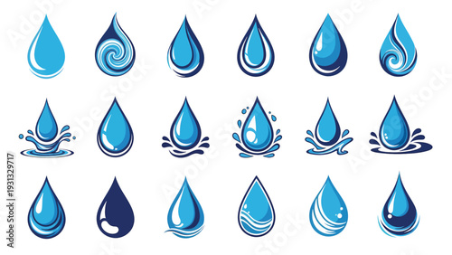 Collection of various blue water drop icons and symbols.