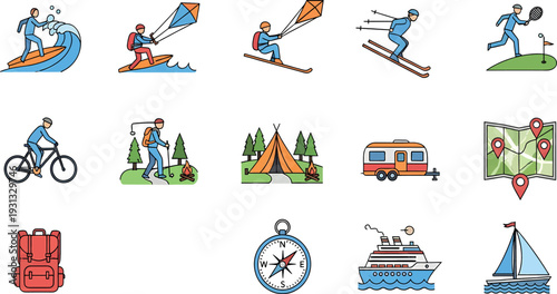 Collection of various outdoor activities and travel adventures, including surfing, kitesurfing, skiing, hiking, camping, cycling, and sailing.