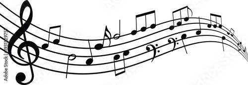 Flowing musical notes and staff with treble clef black silhouette, abstract music wave composition isolated on white background vector illustration