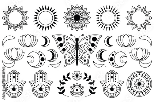 Boho Butterfly Lotus Sun Moon Hamsa Hand Floral Motifs Vector Line Art