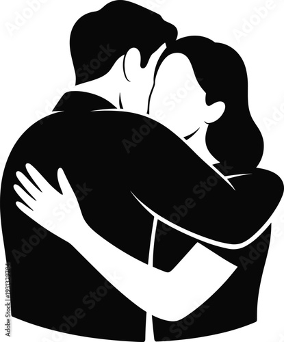 Romantic black and white silhouette of a couple embracing and kissing for love, anniversary, and Valentine's Day designs
