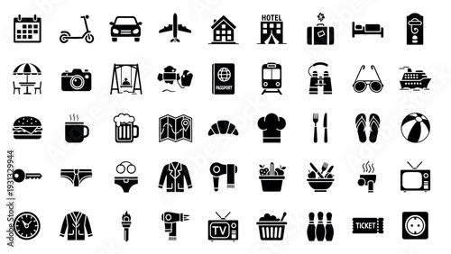 Comprehensive collection of travel and leisure related glyph icons.