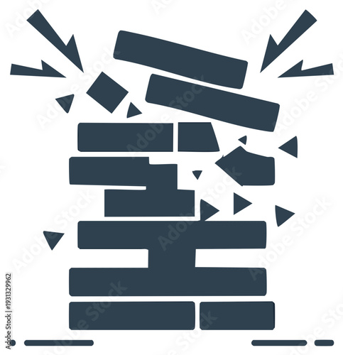 Abstract Representation of a Collapsing Brick Wall with Arrows Indicating Impact