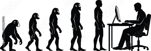 Human evolution from ape to modern office worker silhouette, man progression to computer desk isolated on white background vector illustration