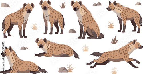 Spotted Hyena Wildlife Character Set with Various Natural Poses Including Standing Sitting Lying Down and Running for Nature Education Safari and Savanna Vector Designs