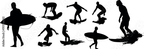 Dynamic Silhouettes of Surfers Riding Waves and Carrying Boards.