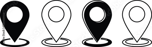 Location pin icon set, map marker symbols in outline and solid style for navigation, GPS and mobile app design