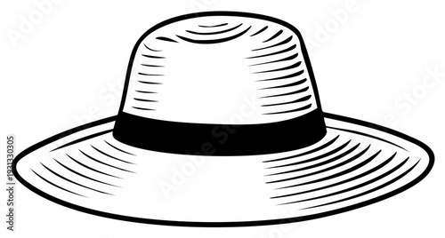 Elegant straw hat illustration in black and white graphic style.