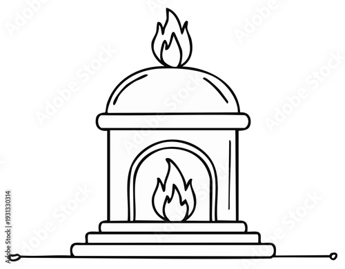 Simple hand drawn outline illustration of a fireplace with a burning flame emitting warmth and light