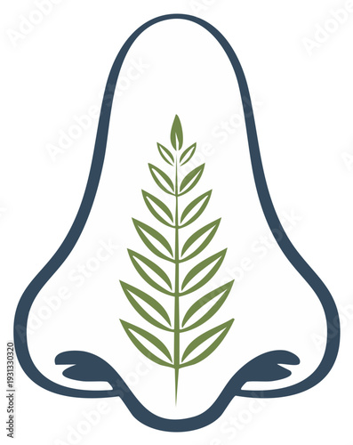 Natural scent and aromatherapy concept icon with a nose and green leaf sprig symbol