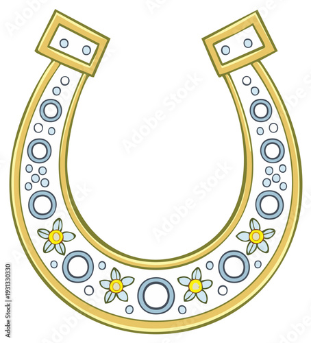 Lucky Horseshoe Cartoon Illustration with Floral and Circle Pattern Design