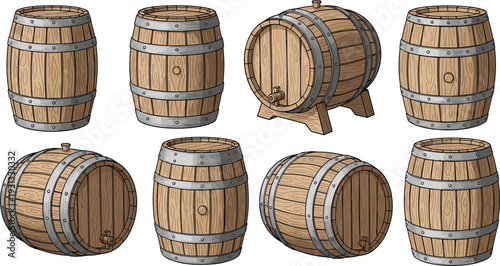 Rustic Wooden Barrel Vector Set with Oak Casks and Wine Tuns in Various Perspectives for Brewery Branding, Distillery Labels, Pub Signs, and Historical Designs