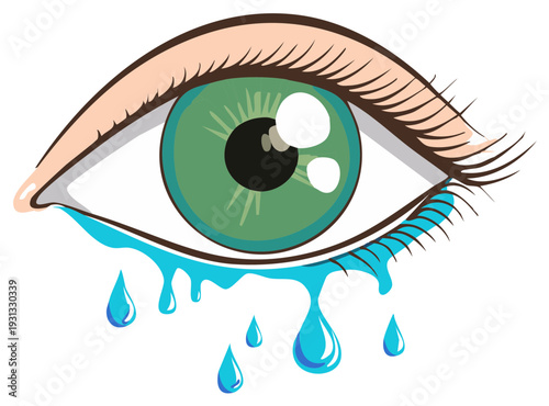 Human Eye With Green Iris and Tears Dropping Illustration