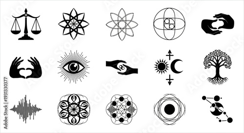Various symbolic icons and signs.