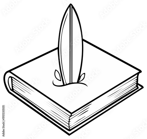 Illustration of a surfboard embedded in a book, conceptual design