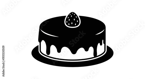 Clean silhouette icon depicting a frosted cake with a fresh strawberry, symbolizing sweet celebrations and delightful desserts. Ideal for bakery designs or event invitations