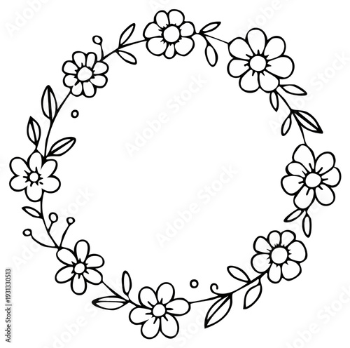 Flower wreath illustration with leaves and petals in a circular decorative frame. Simple black and white floral outline graphic drawing for ornament or invitation design.