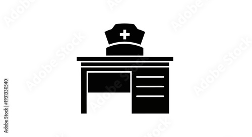Silhouette of a doctor's desk with a nurse's cap, representing healthcare and medical services